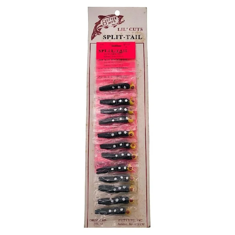 Better Baits Lil' Cuts Split Tail 1/16 Oz Card Of 12 Black/White Dots